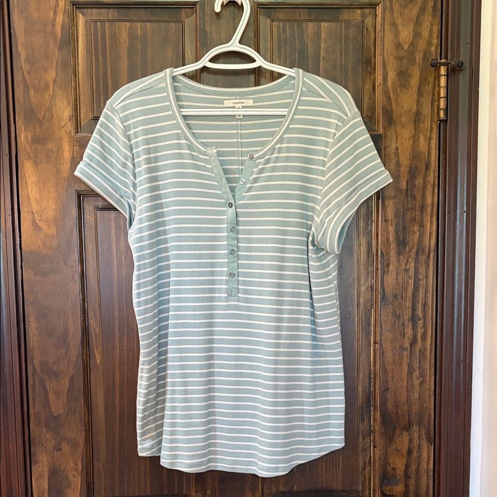 Maurices Light Sage & White Striped Henley Tee